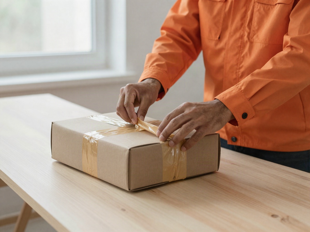 A VIA Courier driver in an orange jacket sealing a cardboard parcel by hand before it goes out.