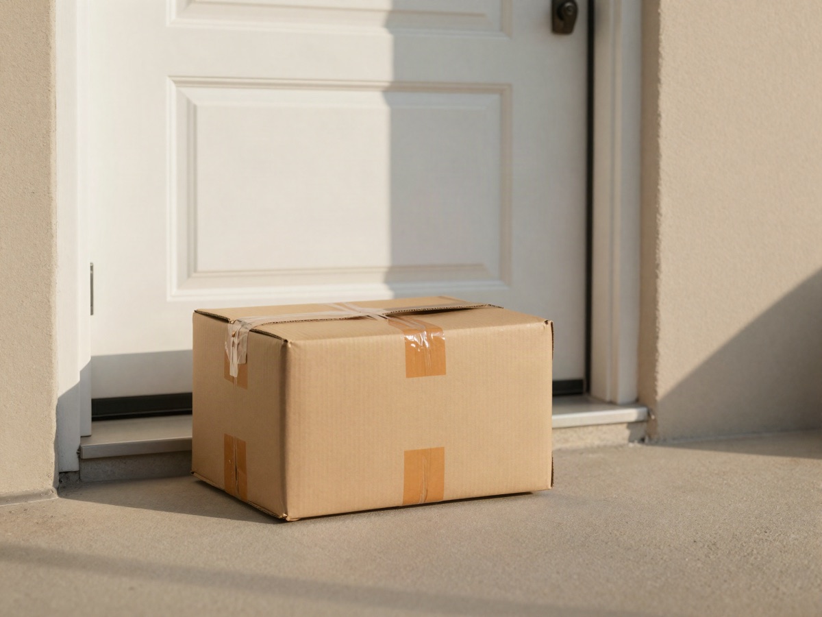 A parcel delivered and resting on a sunlit residential doorstep.